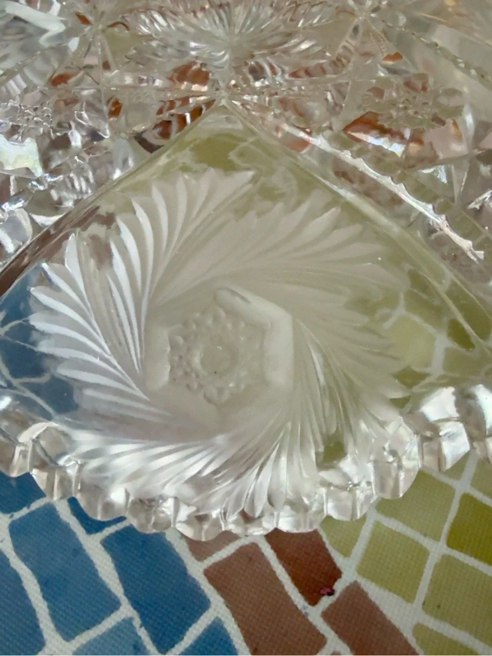 Vintage Square Cut Crystal Bowl Frosted Floral Starburst Sawtooth Rim